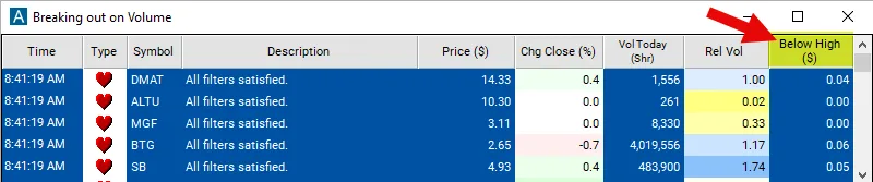 Below High filter settings in Trade Ideas