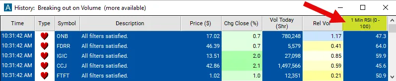 RSI filter settings in Trade Ideas