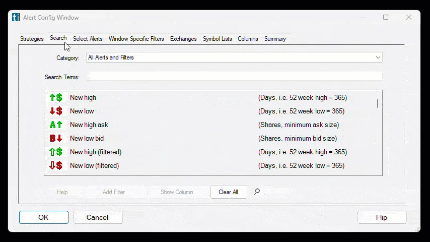 Real Trade Ideas alert window from the Price & Change Today help pages