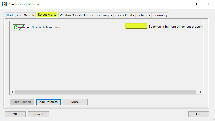 Crossed Above Close Alert Custom Settings