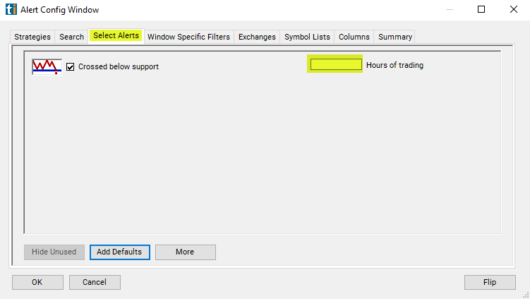 Crossed Below Support Alert Custom Settings