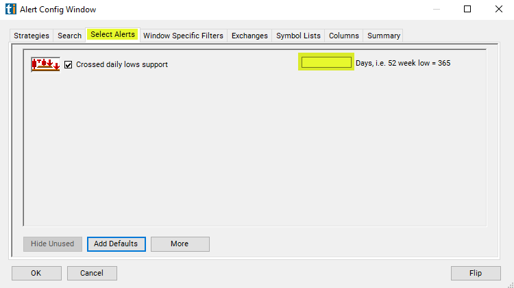 Crossed Daily Lows Support Alert Custom Settings