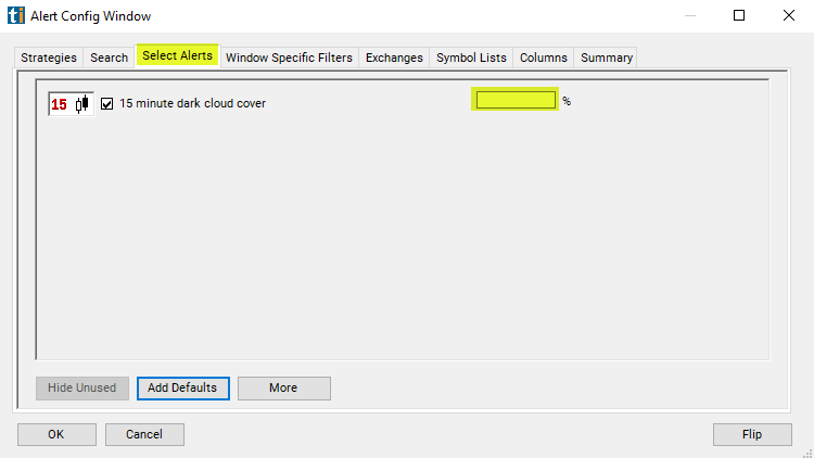 15 Minute Dark Cloud Cover Alert Custom Settings