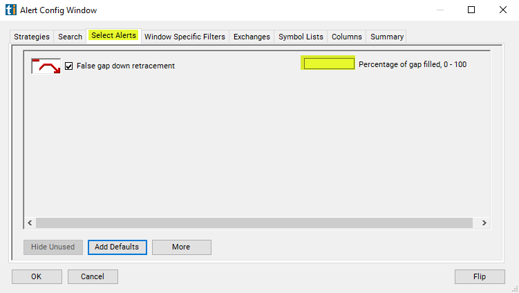 False Gap Down Retracement Alert Custom Settings