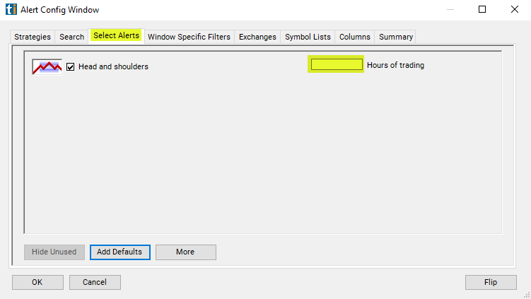 Head and Shoulders Alert Custom Settings