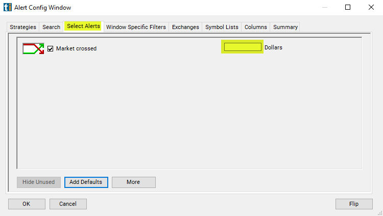 Market Crossed Alert Custom Settings