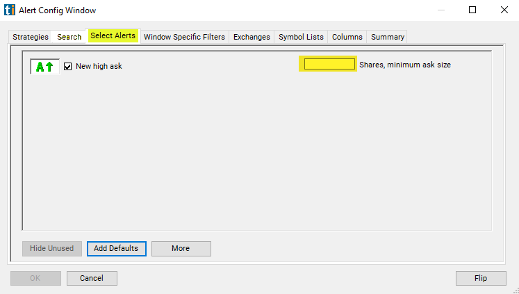 New High Ask Alert Custom Settings