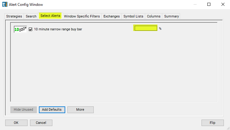 10 Minute Narrow Range Buy Bar Alert Custom Settings