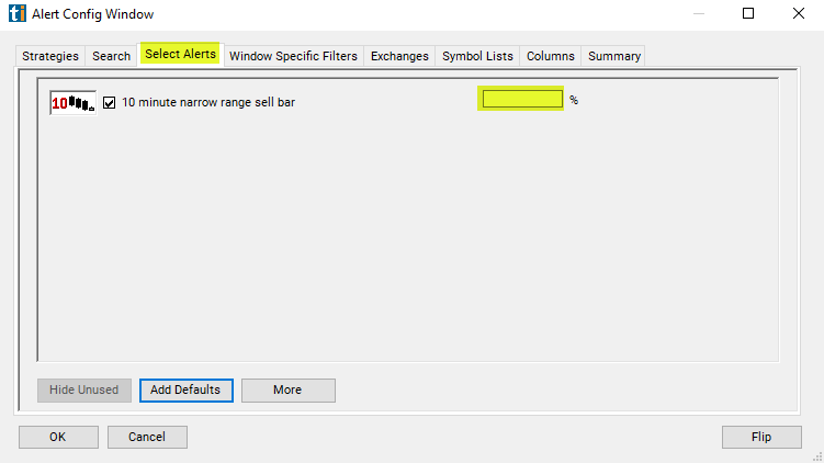 10 Minute Narrow Range Sell Bar Alert Custom Settings