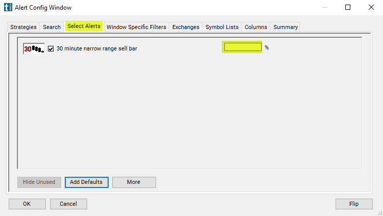 30 Minute Narrow Range Sell Bar Alert Custom Settings