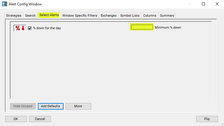 Percentage Down for the Day Alert Custom Settings