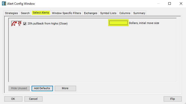 25% Pullback from Highs (close) Alert Custom Settings