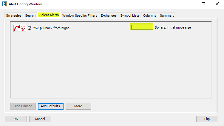 25% Pullback from Highs Alert Custom Settings