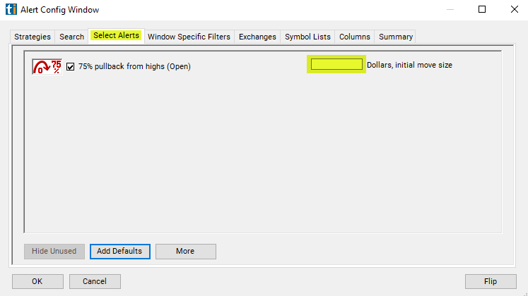 75% Pullback from Highs (open) Alert Custom Settings