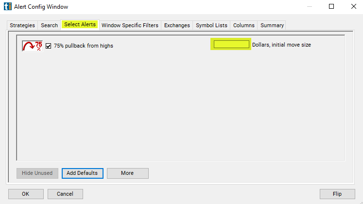 75% Pullback from Highs Alert Custom Settings