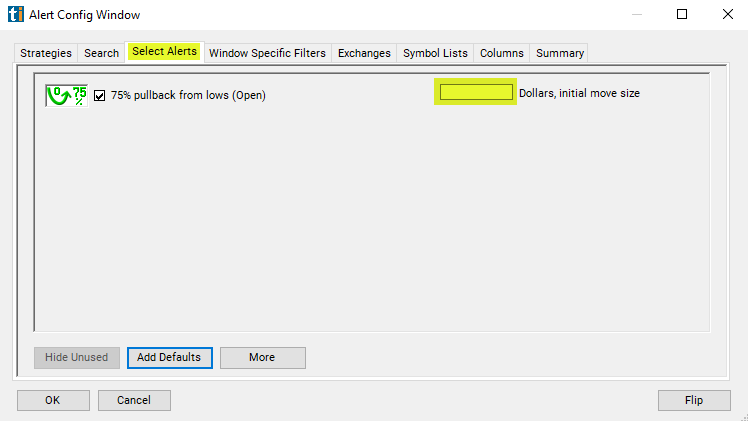 75% Pullback from Lows (open) Alert Custom Settings