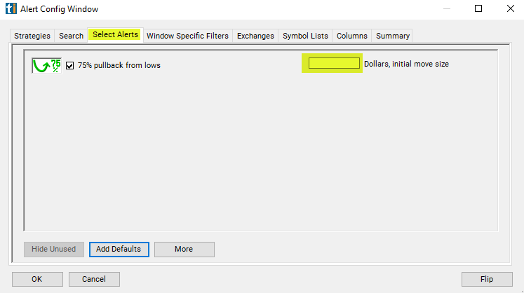 75% Pullback from Lows Alert Custom Settings