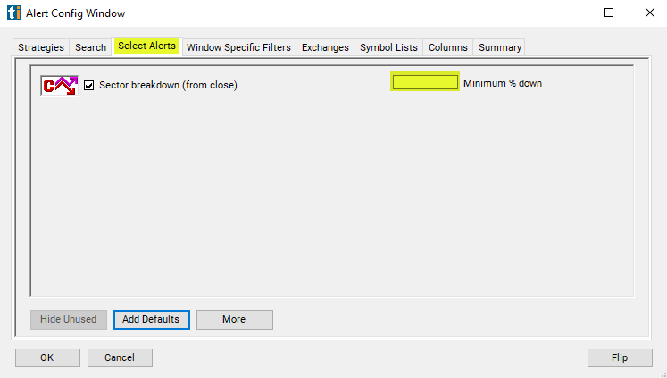 Sector Breakdown (from close) Alert Custom Settings