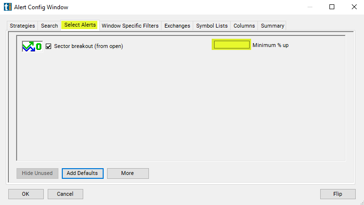 Sector Breakout (from open) Alert Custom Settings