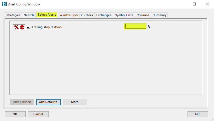 Trailing Stop, % Down Alert Custom Settings