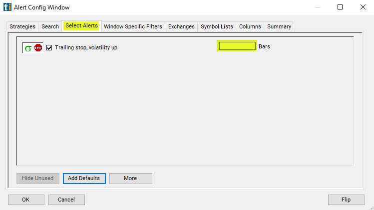 Trailing Stop, Volatility Up Alert Custom Settings