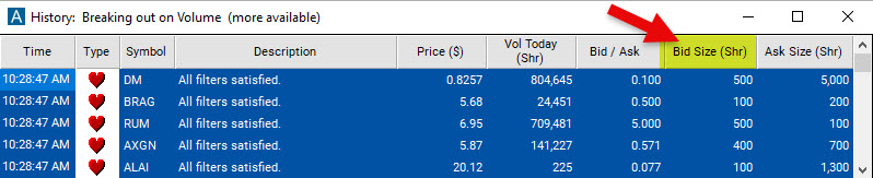 Scan with Bid Size Filter